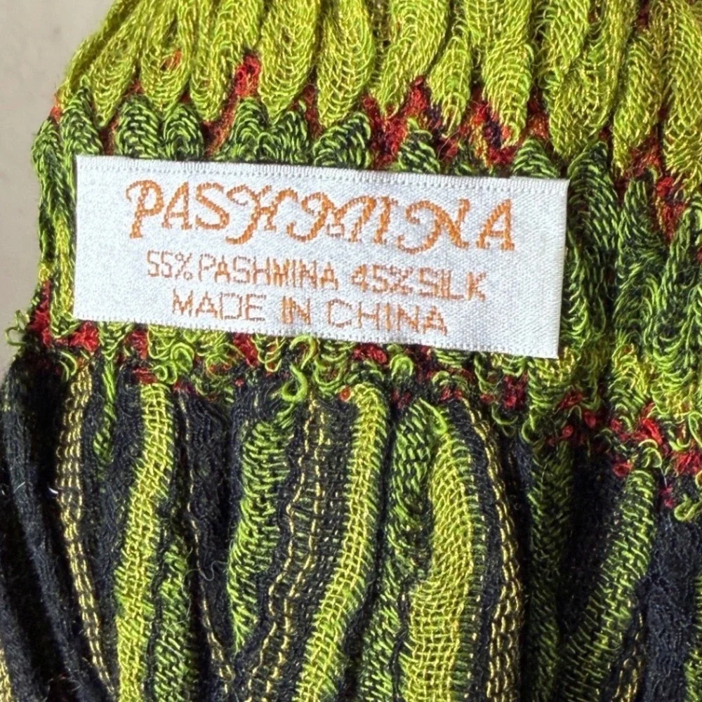 PASHMINA Scarf 55% Pashmina 45% Silk Stripe Fringe Green Orange Red‎